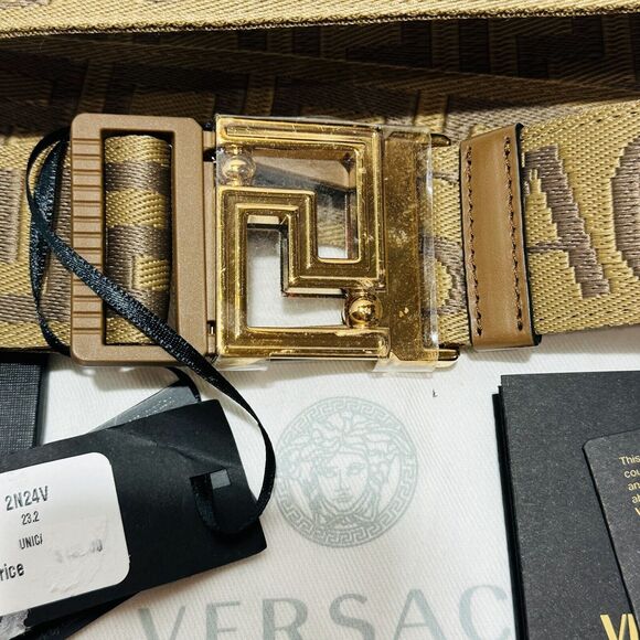 NWT Versace All-Over Logo Reversible Gold Buckle Brown Greca Ribbon Belt $425 - Picture 7 of 9